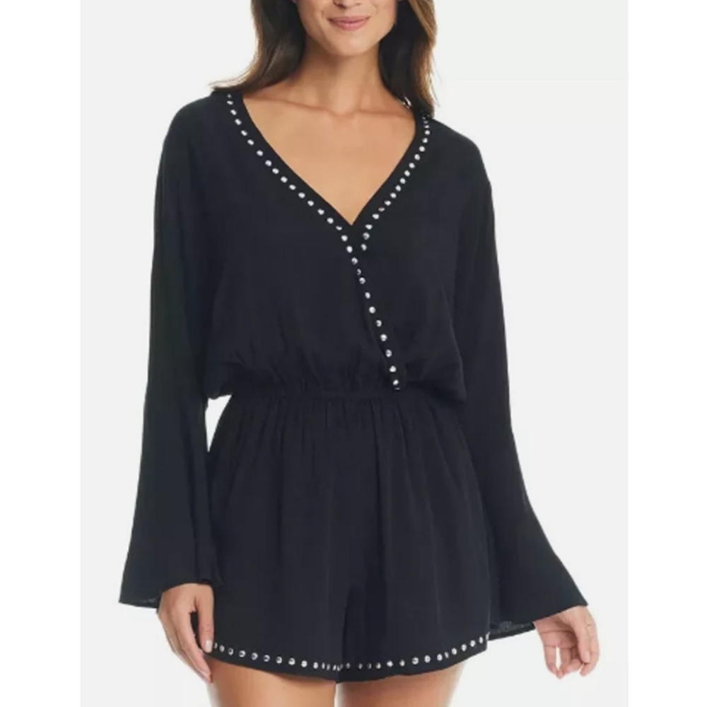 Bar III Black Swim Romper with White Silver Beads